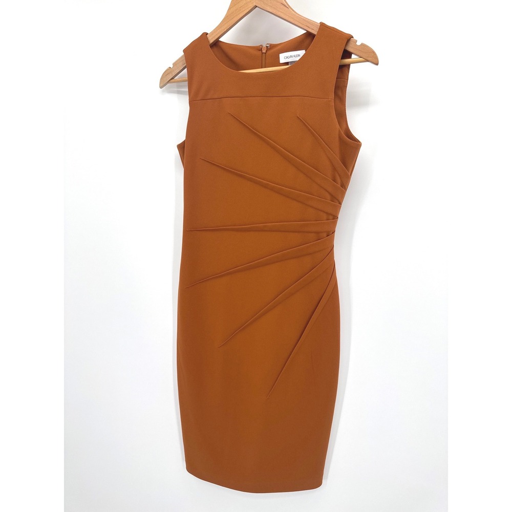 Calvin Klein Sheath Midi Dress Women's 4 Orange Rust Sunburst Pleated Sleeveless - Picture 1 of 9
